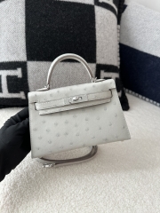 Kelly Mini II Klein Karoo South African Ostrich Leather 80 Pearl Grey Silver Hardware