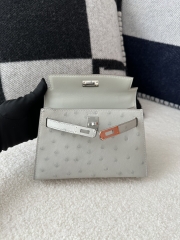 Kelly Mini II Klein Karoo South African Ostrich Leather 80 Pearl Grey Silver Hardware