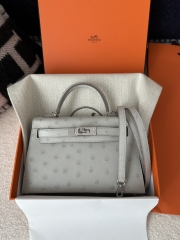 Kelly Mini II Klein Karoo South African Ostrich Leather 80 Pearl Grey Silver Hardware