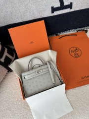 Kelly Mini II Klein Karoo South African Ostrich Leather 80 Pearl Grey Silver Hardware