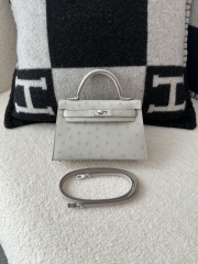 Kelly Mini II Klein Karoo South African Ostrich Leather 80 Pearl Grey Silver Hardware