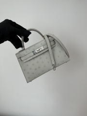 Kelly Mini II Klein Karoo South African Ostrich Leather 80 Pearl Grey Silver Hardware