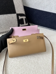 Kelly To Go Crossbody Wallet, Imported Epsom Leather, 0M Chai Beige & X9 Mauve Sylvestre Purple with Gold Hardware.