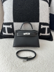 Kelly Mini II, Imported Chevre Goat Leather, CK89 Noir Black & Q5 Rouge Casaque Red with Silver Hardware.