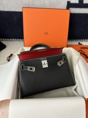 Kelly Mini II, Imported Chevre Goat Leather, CK89 Noir Black & Q5 Rouge Casaque Red with Silver Hardware.