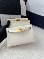 Kelly Mini II, Imported Chevre Goat Leather, I2 Nata Cream White with Gold Hardware.