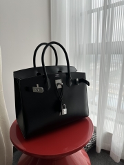 Birkin 30cm, New Design with External Stitching, Imported Box Leather, CK89 Noir Black with Silver Hardware.
