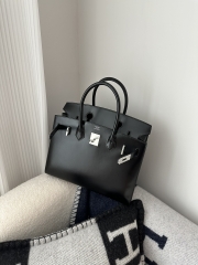 Birkin 30cm, New Design with External Stitching, Imported Box Leather, CK89 Noir Black with Silver Hardware.