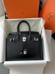 Birkin 30cm, New Design with External Stitching, Imported Box Leather, CK89 Noir Black with Silver Hardware.