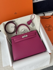 Kelly 25cm, Imported Epsom Grained Leather, L3 Rose Purple with Silver Hardware.