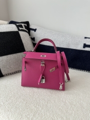 Kelly 25cm, Imported Epsom Grained Leather, L3 Rose Purple with Silver Hardware.