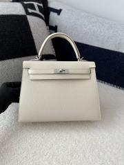 Kelly 25cm, Imported Epsom Grained Leather, CK10 Craie Milk White with Silver Hardware.