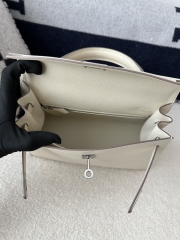 Kelly 25cm, Imported Epsom Grained Leather, CK10 Craie Milk White with Silver Hardware.