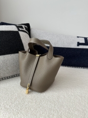 Picotin Lock 18cm, Imported Clemence Leather, CC18 Etoupe Grey with Gold Hardware.