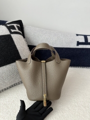 Picotin Lock 18cm, Imported Clemence Leather, CC18 Etoupe Grey with Gold Hardware.