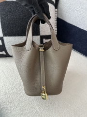 Picotin Lock 18cm, Imported Clemence Leather, CC18 Etoupe Grey with Gold Hardware.