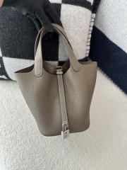 Picotin Lock 18cm, Imported Clemence Leather, CK18 Etoupe Grey with Silver Hardware.
