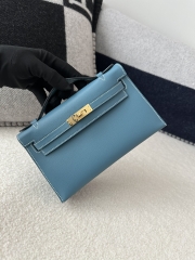 Kelly Pochette I 22cm, Imported Swift Calfskin, D2 New Bleu Jean with Gold Hardware.