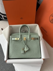Birkin 25cm, Matte Porosus Crocodile, Imported HCP Leather, 6U Vert Deau Mint Green with Gold Hardware.
