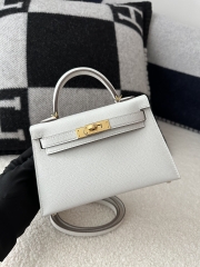 Kelly Mini II, Imported Epsom Grained Leather, M4 Gris Pale with Gold Hardware, Top-Quality Hand-Stitched with Waxed Thread