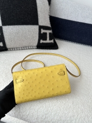 Kelly To Go Crossbody Wallet, Imported Original Klein Karoo Ostrich Skin from South Africa, 9R Lime (Lime Yellow) with Silver Hardware.