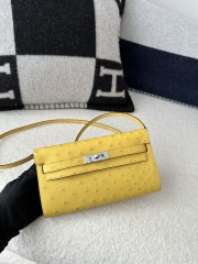 Kelly To Go Crossbody Wallet, Imported Original Klein Karoo Ostrich Skin from South Africa, 9R Lime (Lime Yellow) with Silver Hardware.