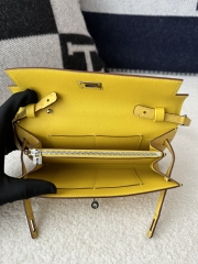 Kelly To Go Crossbody Wallet, Imported Original Klein Karoo Ostrich Skin from South Africa, 9R Lime (Lime Yellow) with Silver Hardware.