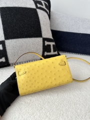 Kelly To Go Crossbody Wallet, Imported Original Klein Karoo Ostrich Skin from South Africa, 9R Lime (Lime Yellow) with Silver Hardware.
