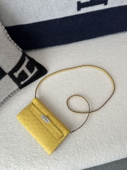 Kelly To Go Crossbody Wallet, Imported Original Klein Karoo Ostrich Skin from South Africa, 9R Lime (Lime Yellow) with Silver Hardware.
