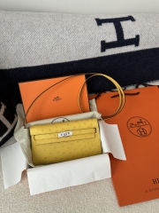 Kelly To Go Crossbody Wallet, Imported Original Klein Karoo Ostrich Skin from South Africa, 9R Lime (Lime Yellow) with Silver Hardware.