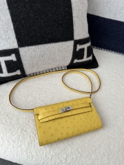 Kelly To Go Crossbody Wallet, Imported Original Klein Karoo Ostrich Skin from South Africa, 9R Lime (Lime Yellow) with Silver Hardware.