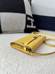 Kelly To Go Crossbody Wallet, Imported Original Klein Karoo Ostrich Skin from South Africa, 9R Lime (Lime Yellow) with Silver Hardware.
