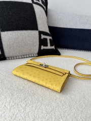 Kelly To Go Crossbody Wallet, Imported Original Klein Karoo Ostrich Skin from South Africa, 9R Lime (Lime Yellow) with Silver Hardware.