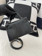 Mini Kelly II, Lizard, Imported Original Luxe Lizard Skin, CC89 Noir (Black) with Gold Hardware.