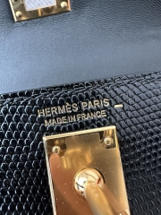 Mini Kelly II, Lizard, Imported Original Luxe Lizard Skin, CC89 Noir (Black) with Gold Hardware.