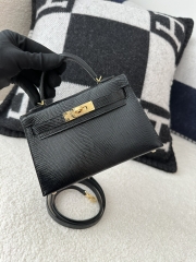 Mini Kelly II, Lizard, Imported Original Luxe Lizard Skin, CC89 Noir (Black) with Gold Hardware.