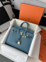 Birkin 25cm, Imported Epsom Grained Leather, CC75 Blue Jean (Denim Blue) with Gold Hardware.