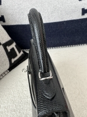 Kelly 25cm in Imported Lizard Skin, CK89 Noir (Black) with Silver Hardware.