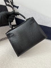 Kelly 25cm in Imported Lizard Skin, CK89 Noir (Black) with Silver Hardware.