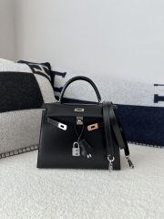 Kelly 25cm in Imported Box Calfskin, CK89 Noir Black with Silver Hardware