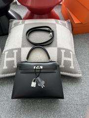 Kelly 25cm in Imported Box Calfskin, CK89 Noir Black with Silver Hardware