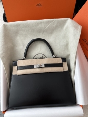 Kelly 25cm in Imported Box Calfskin, CK89 Noir Black with Silver Hardware