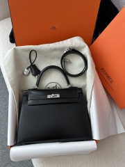 Kelly 25cm in Imported Box Calfskin, CK89 Noir Black with Silver Hardware