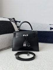 Kelly 25cm in Imported Box Calfskin, CK89 Noir Black with Silver Hardware