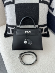 Kelly 25cm in Imported Box Calfskin, CK89 Noir Black with Silver Hardware