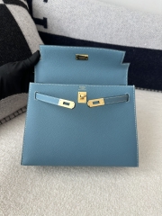 Kelly 25cm in imported Epsom grained leather, CC75 Blue Jean (denim blue) with gold hardware.