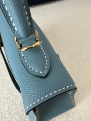 Kelly 25cm in imported Epsom grained leather, CC75 Blue Jean (denim blue) with gold hardware.