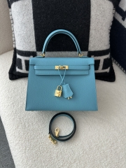 Kelly 25cm in imported Epsom grained leather, P3 Blue du Nord (northern blue) with gold hardware.