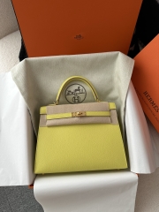 Kelly 25cm in imported Epsom grained leather, 9R Lime (lemon yellow)  with gold hardware.