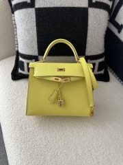 Kelly 25cm in imported Epsom grained leather, 9R Lime (lemon yellow)  with gold hardware.